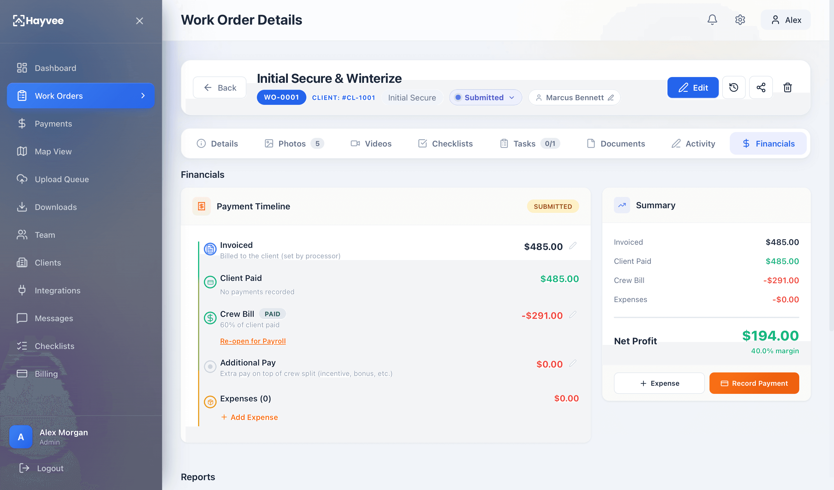 Work order financials showing net profit and margin