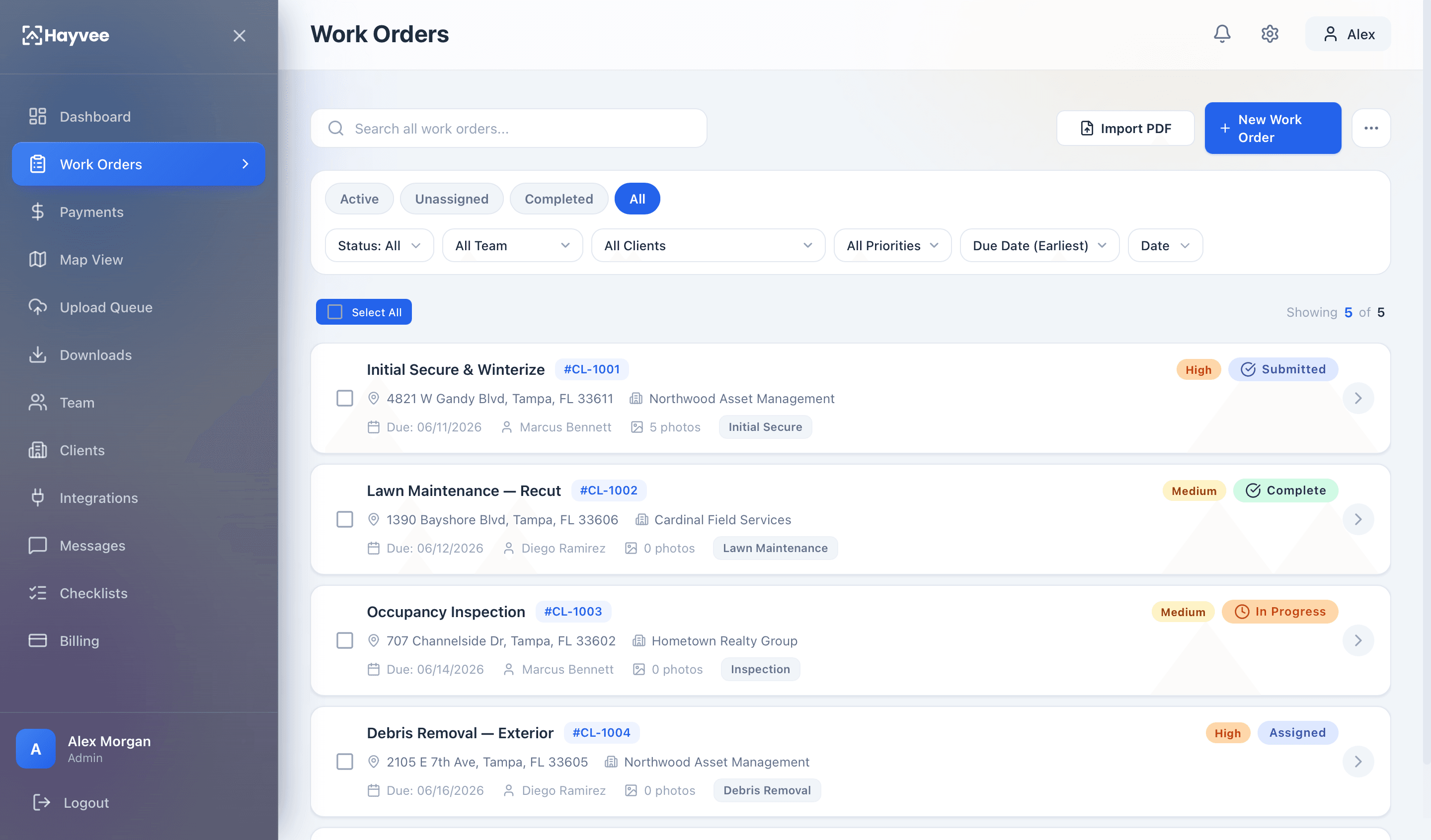 Work orders list with filters